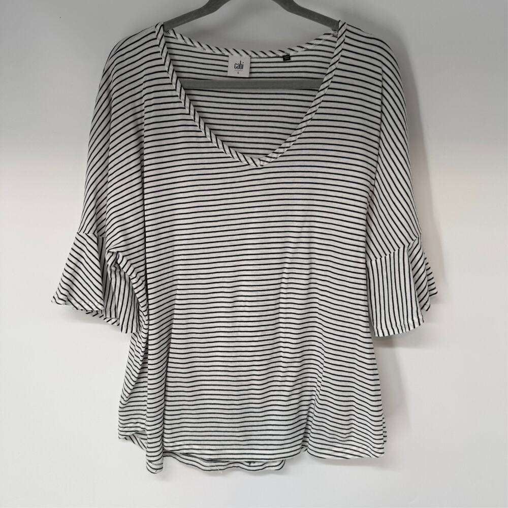 Cabi Striped Skipper Womens Top Large White Black Mid Bell Sleeve V-Neck 5558